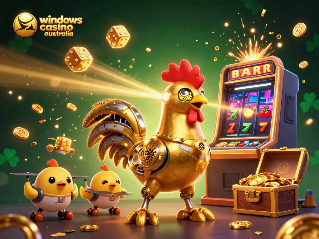 Engage in the dazzling world of windows casino australia with a golden rooster robot surrounded by cheerful baby chick drones.