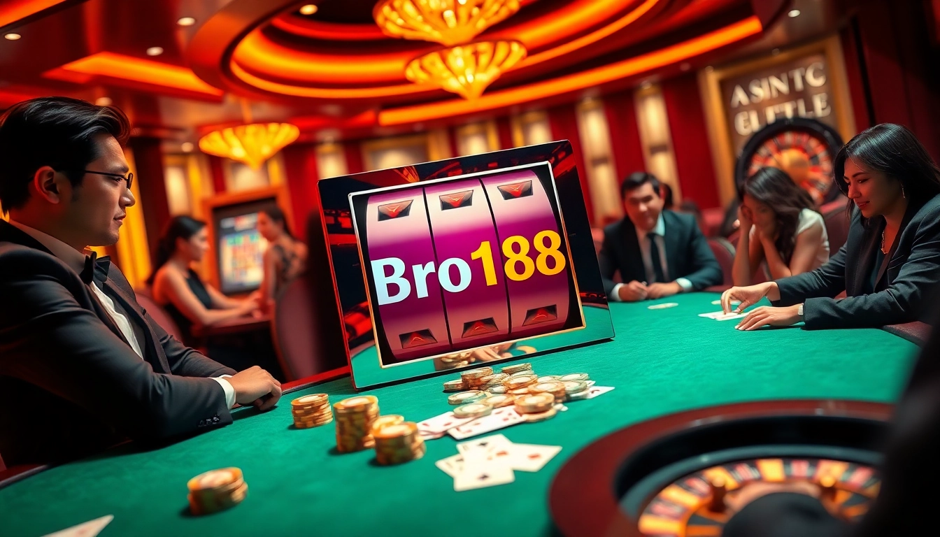 Engage in thrilling gameplay at Bro138 with vibrant casino slots and poker tables featured.