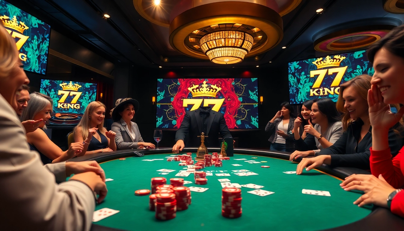 79 King casino scene with poker table, lively players, and colorful chips.
