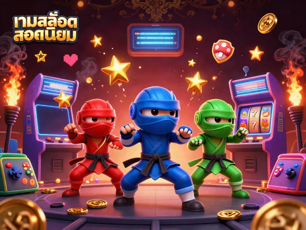 This vibrant illustration of เกมสล็อตยอดนิยม features a trio of ninja chameleons performing martial arts with casino game elements.