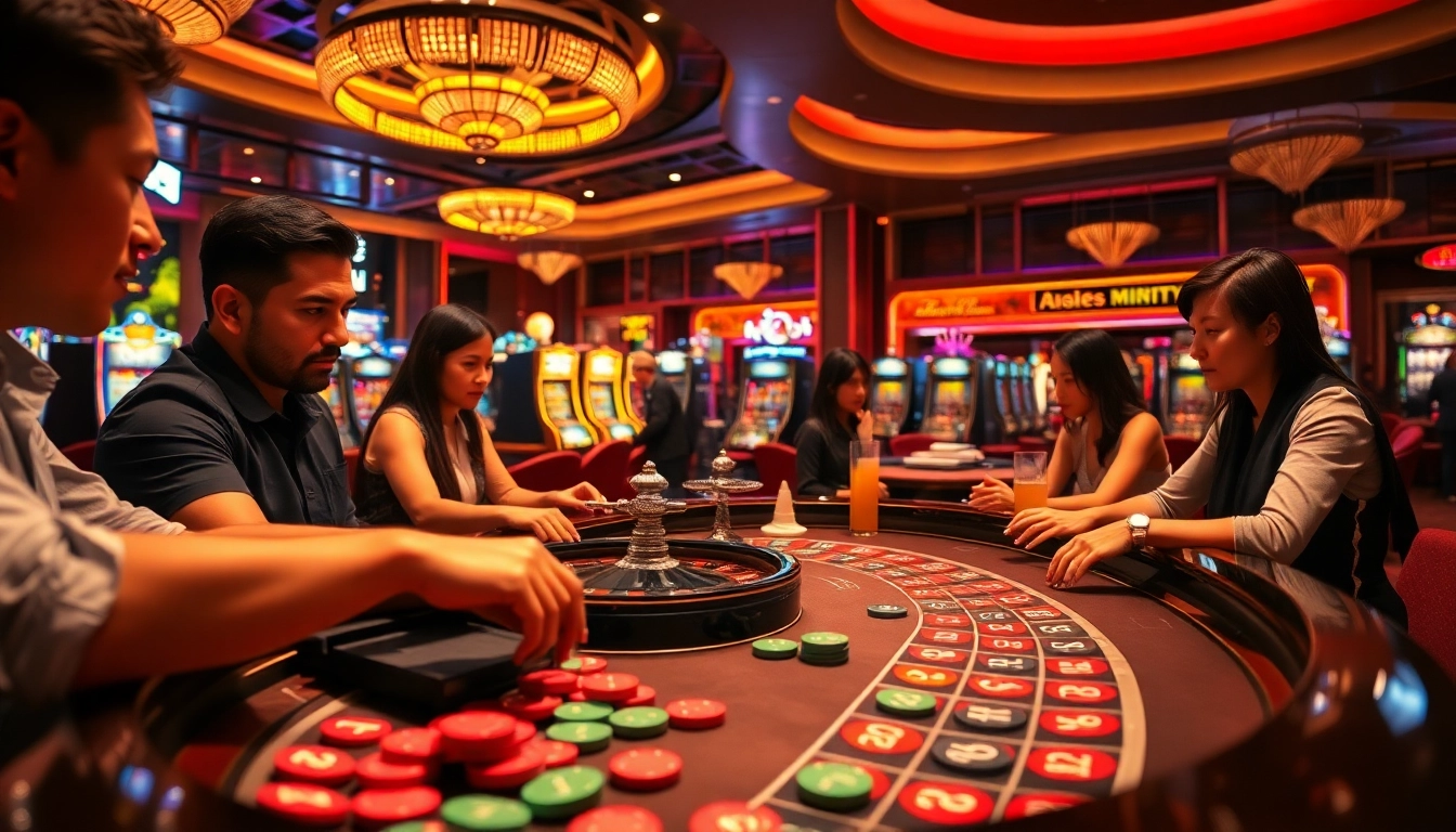 Experience the excitement of the singapore online casino with players at a roulette table surrounded by vibrant colors.