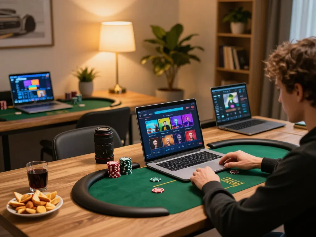 Engaging in strategic online gaming at king33 with a cozy home setup, showcasing a poker game on a laptop.