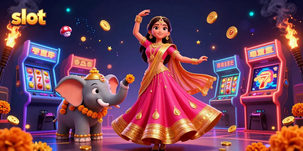 Win at slots with a vibrant scene of an Asian woman and a bejeweled elephant in a magical casino.