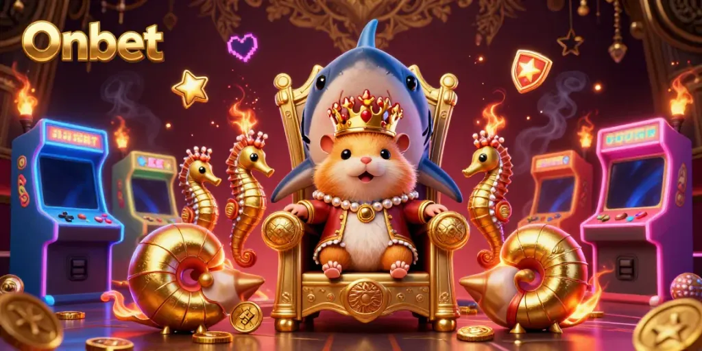 Engage with Onbet's thrilling gaming adventures featuring a golden hamster king on a megalodon throne.