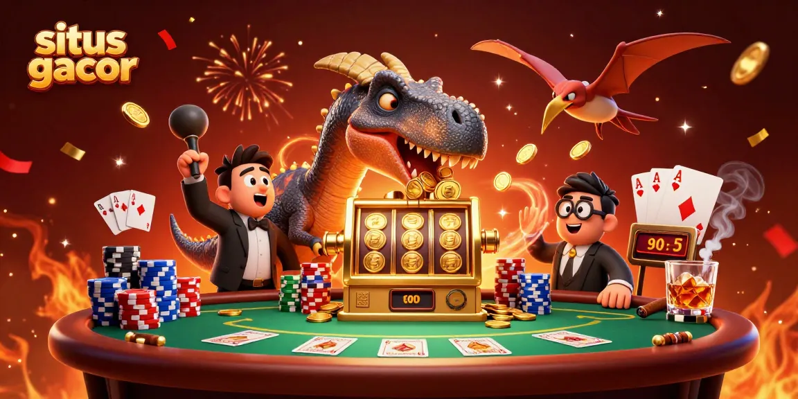 Situs gacor activates jackpot coins as a pachycephalosaurus headbutts a slot machine amidst flying treasures.