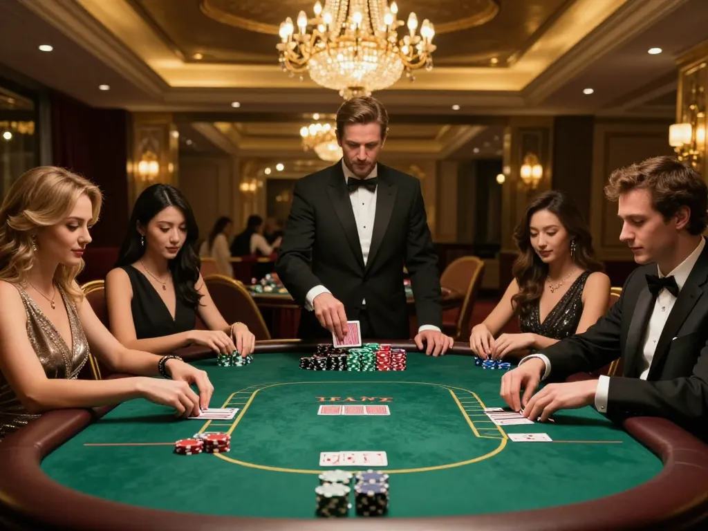 Go8 players strategize at a luxurious poker table, showcasing an exciting gambling atmosphere.