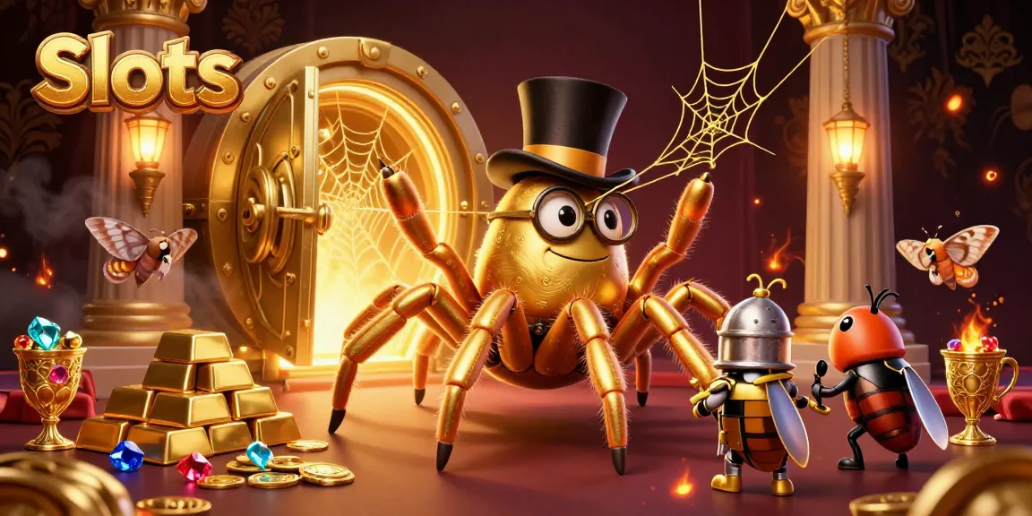 Spin and win at Slots with a vibrant 3D graphic featuring exciting casino elements and characters.