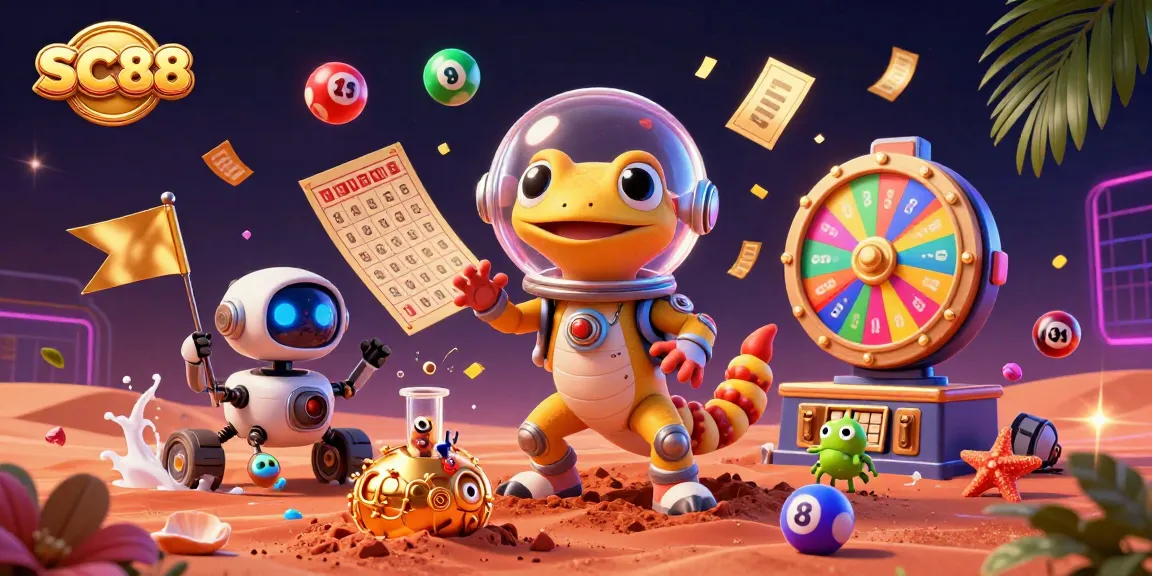 SC88 showcases a Martian gecko discovering a golden casino with vibrant lottery elements.