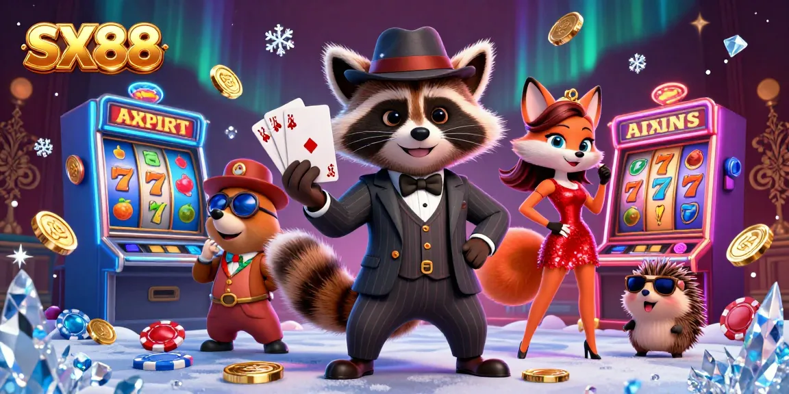 SX88 Slots scene featuring a suave raccoon, elegant fox, and a hedgehog bouncer amid colorful slot machines.