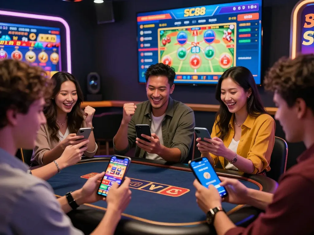 Excited friends celebrating a win on SC88.com mobile app in vibrant gambling setting.