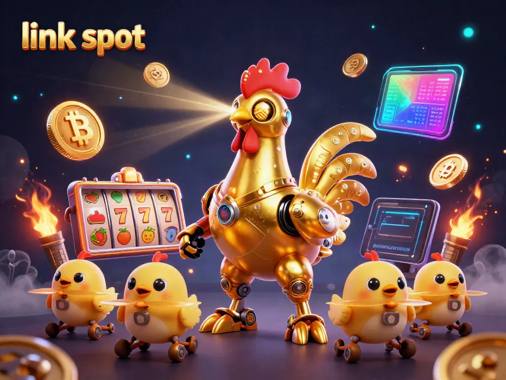 Mengakses link slot dengan karakter robot ayam bertema kasino yang dikelilingi simbol slot dan koin digital.