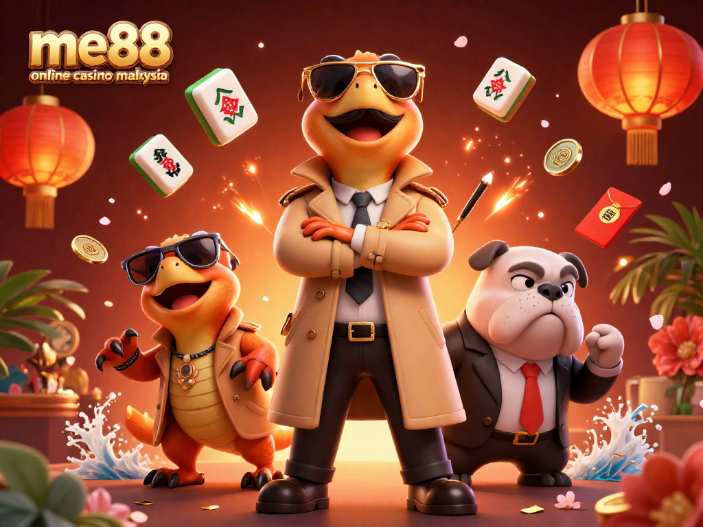Experience the excitement of me88 online casino malaysia with a playful raptor scene in a vibrant casino setting.