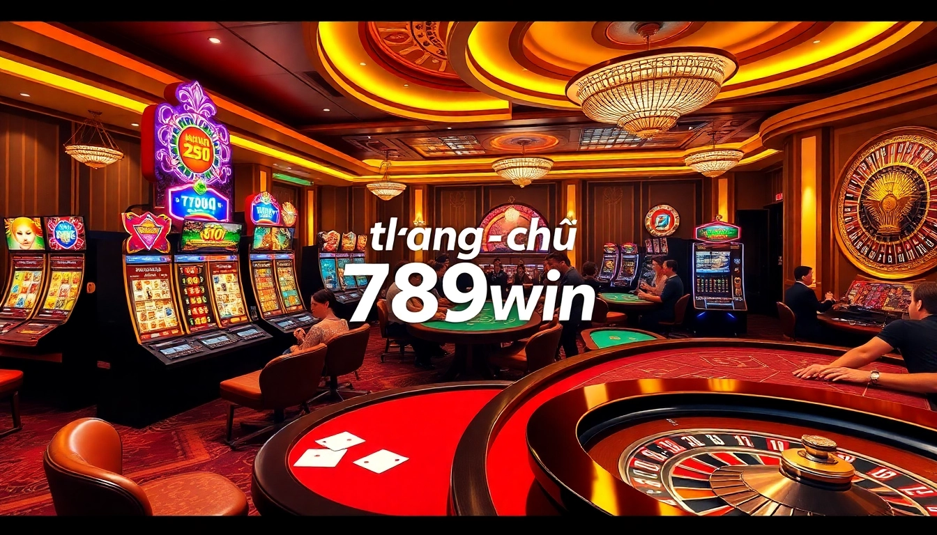 A vibrant scene capturing the excitement of gambling at trang chủ 789win, featuring slot machines and poker tables.