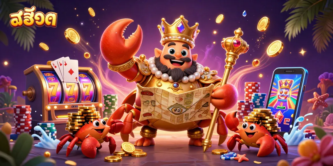 Unleash fun with สล็อต slot reels as a golden crab emperor leads a treasure-filled casino scene.
