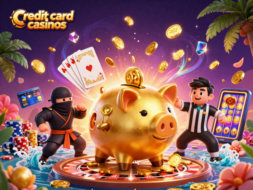 Enjoy thrilling action at credit card casinos with vibrant characters, cascading coins, and dynamic gameplay.