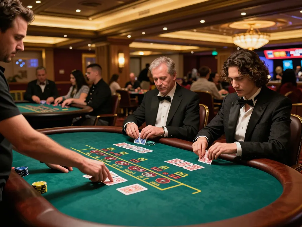 Iwin players engaged in an exciting blackjack game with dealer at a luxurious casino.
