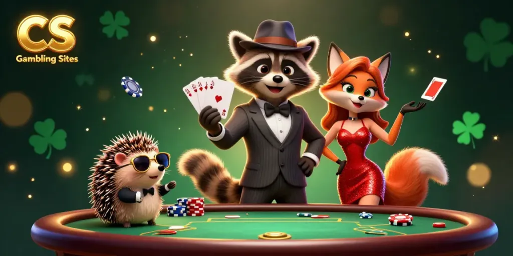 Experience CS Gambling Sites with a raccoon in a suit showing a royal flush, surrounded by poker elements.