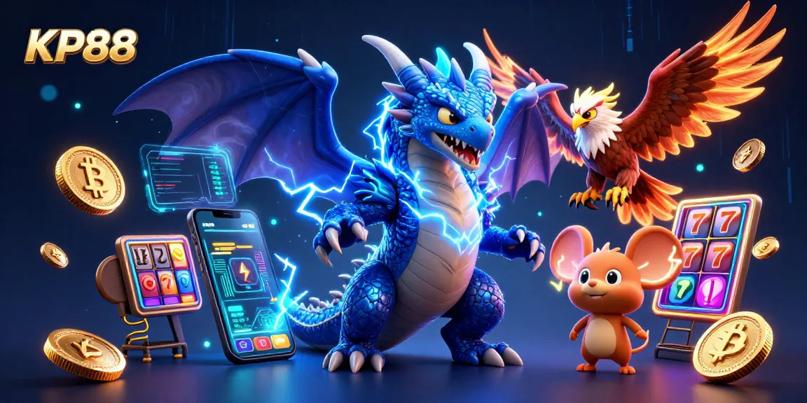 Experience thrilling gameplay with KP88's vibrant slots scene featuring dragons, glowing coins, and jackpots.
