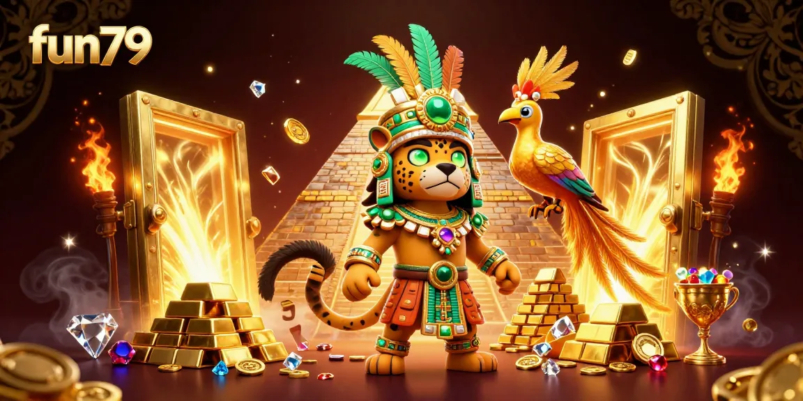 Join fun79 at a vibrant casino scene with a Mayan jaguar priest and treasure elements to win big!