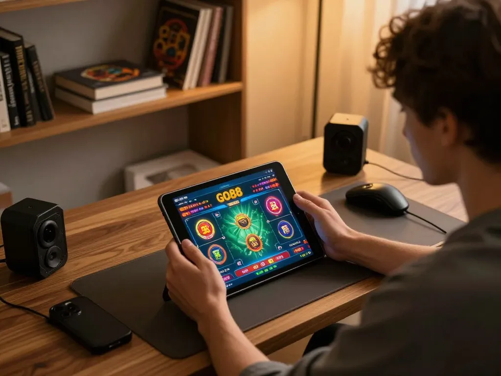 Engaged gamer strategizing with the GO88 app on a tablet in a cozy home office.