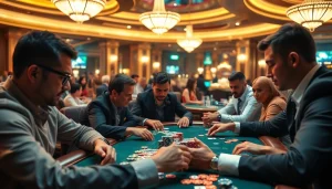 Engaged players strategizing during an intense Poker Game at a casino table.
