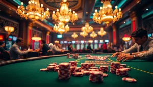 Experience excitement at a casino with elegant poker tables and vibrant atmosphere.
