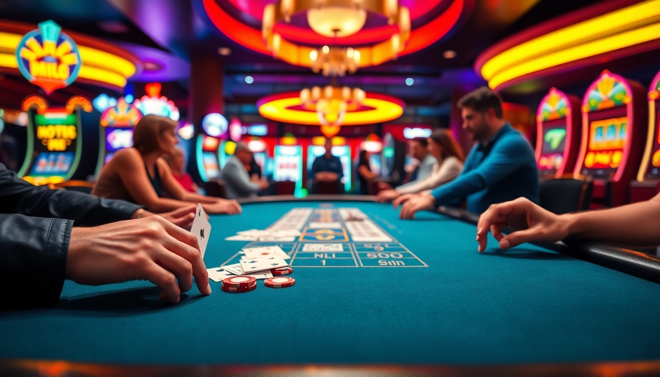 Experience the excitement of Blackjack Casino with players engaged at a vibrant gaming table.