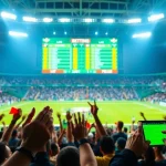 Engaged fans in sports betting atmosphere at a stadium with live odds displayed.