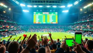 Engaged fans in sports betting atmosphere at a stadium with live odds displayed.