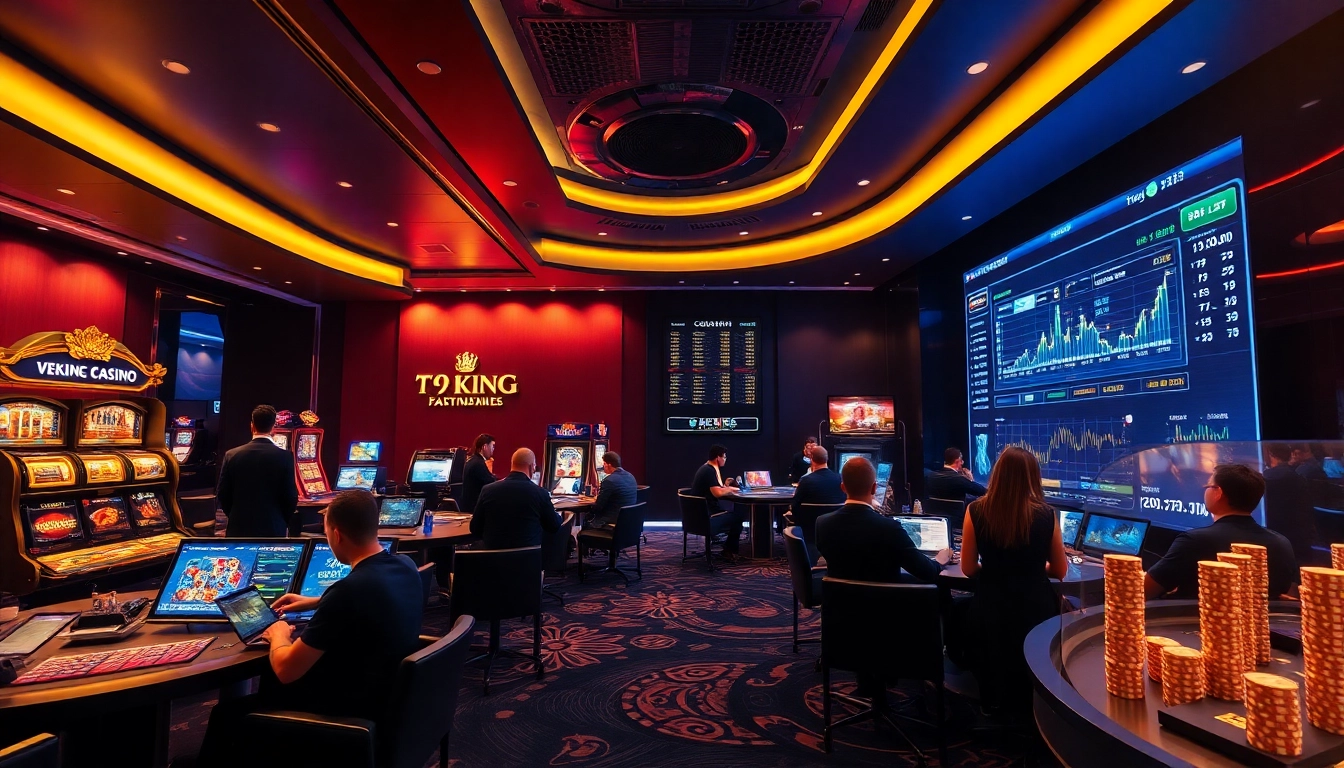 Escena dinámica de casino en línea que muestra a jugadores involucrados en juegos en 79king hn, personificando emoción y confianza.
