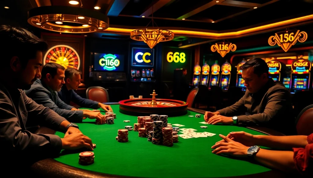 Engage with high-stakes poker action at the C168 casino, featuring vibrant chips and strategic play.