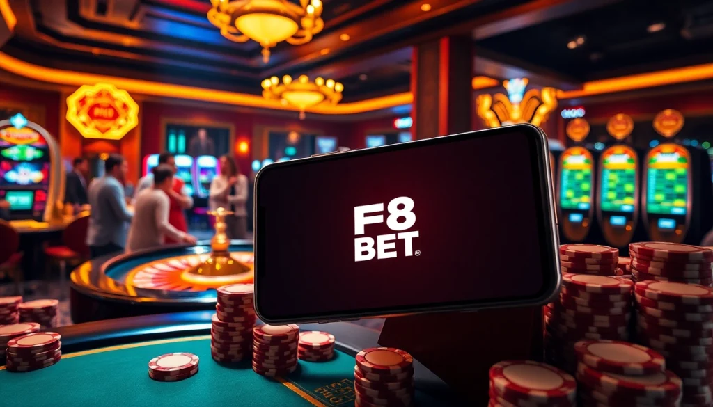 Thrilling online gambling scene with F8 BET branding on digital devices and luxury casino elements.