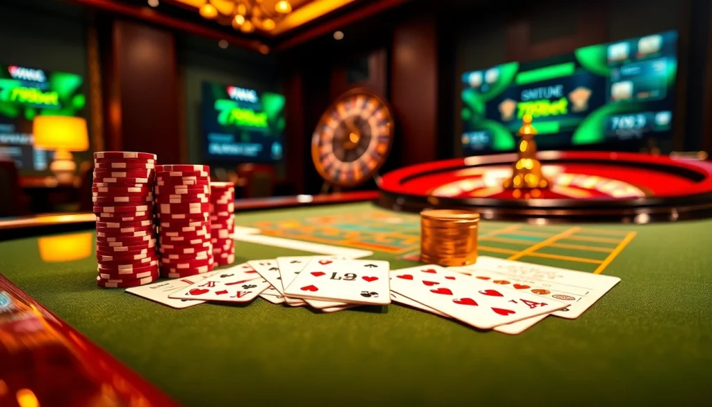Experience intense gameplay at 789bet's vibrant casino table with high-stacked poker chips.
