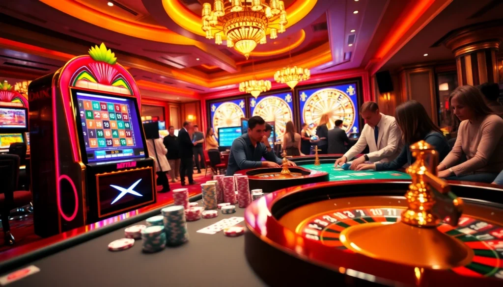Dynamic casino atmosphere showcasing xx88 with players enjoying roulette and slots, vibrant colors and excitement.
