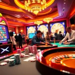 Dynamic casino atmosphere showcasing xx88 with players enjoying roulette and slots, vibrant colors and excitement.