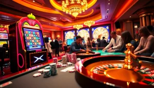 Dynamic casino atmosphere showcasing xx88 with players enjoying roulette and slots, vibrant colors and excitement.