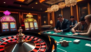 An engaging scene of a luxurious casino highlighting strategic gameplay at https://impactxoft.com with poker cards and roulette.
