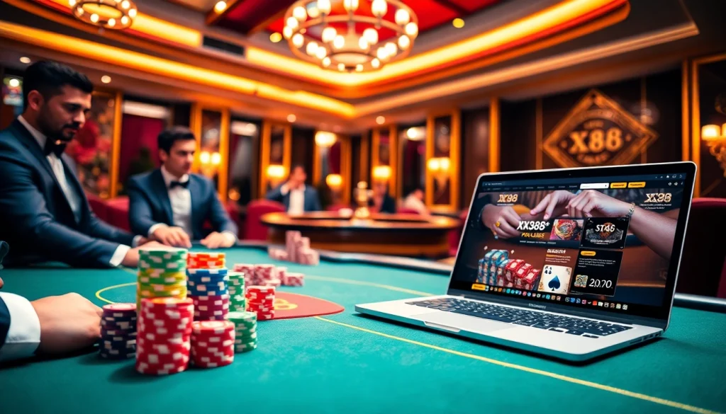 Engaging online gambling experience at link xx88 with poker table and vibrant atmosphere.