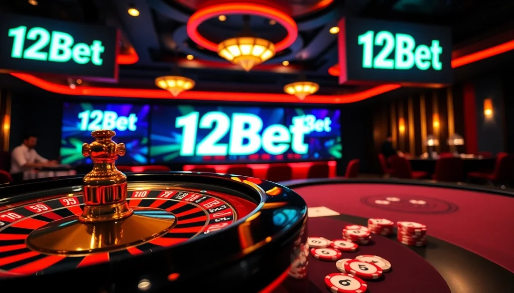 Engaging scene of online gaming with ink vao 12bet visuals, showcasing casino elements like poker chips, tables, and a roulette wheel.