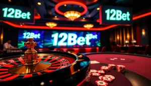 Engaging scene of online gaming with ink vao 12bet visuals, showcasing casino elements like poker chips, tables, and a roulette wheel.