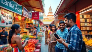 Lanka Ad vibrant marketplace scene showcasing local crafts and lively interactions in Sri Lanka.