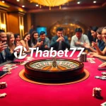 Engaged players at a luxurious Thabet77 casino table with roulette and poker chips.