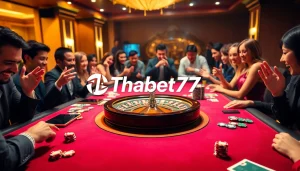 Engaged players at a luxurious Thabet77 casino table with roulette and poker chips.
