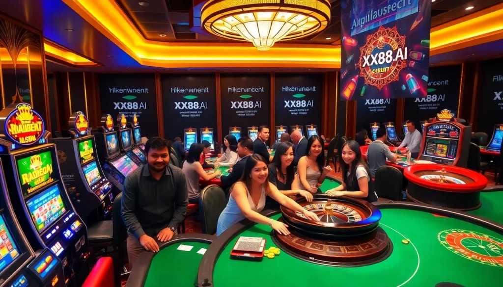 Players enjoy a lively gaming atmosphere at XX88.AI, featuring vibrant slot machines and poker tables.