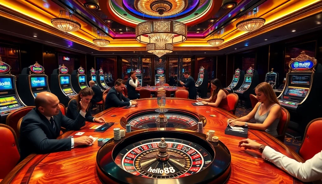 Hello88 casino scene featuring poker players, slot machines, and a roulette wheel, showcasing excitement in gambling.