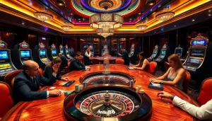 Hello88 casino scene featuring poker players, slot machines, and a roulette wheel, showcasing excitement in gambling.