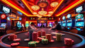 Experience the excitement of MM88 HOW at a vibrant poker table surrounded by casino energy.