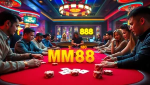 Experience the excitement of MM88 HOW with gamblers engaged in strategic gameplay at a vibrant casino table.