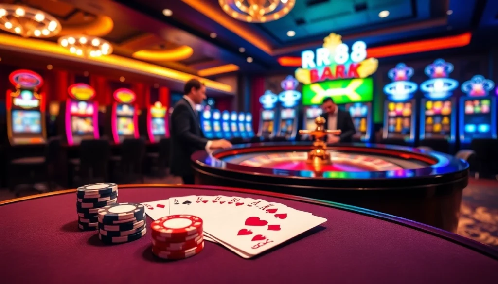 RR88 engaging players at a luxurious casino table with poker chips and slot machines.