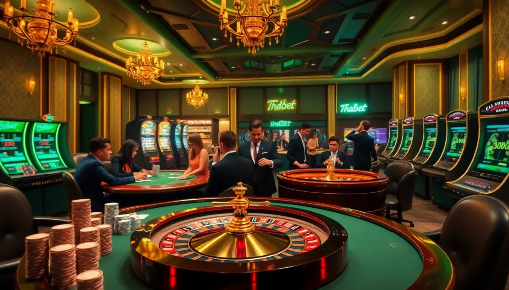 Players enjoying exciting games at Thabet casino, engaging with poker and roulette tables.